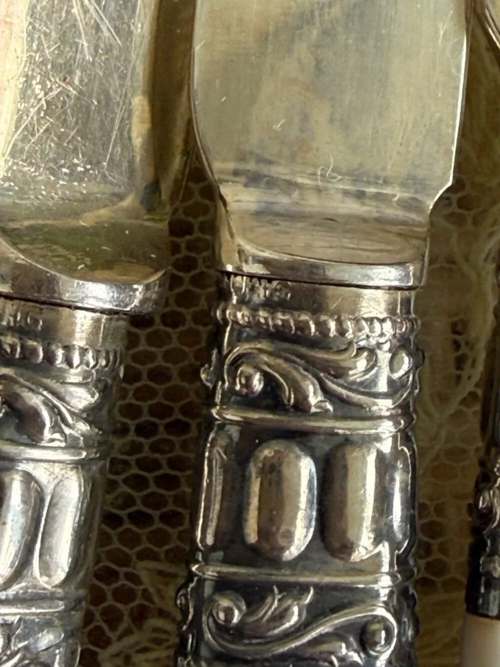 Antique 1910s Mother Of Pearl Fruit Knives Sterling Bands Boxed Set of 6